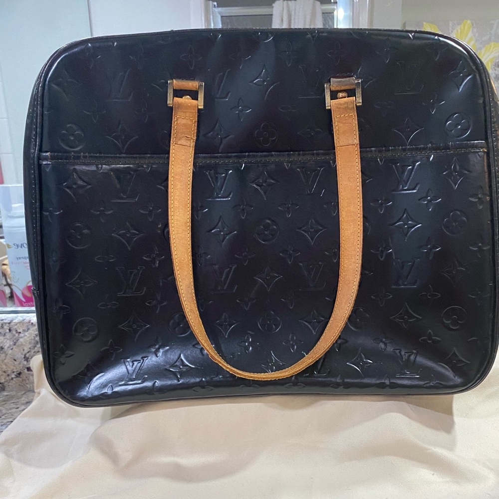 Louis Vuitton Black Monogram Embossed Laptop Bag with Tan Handles